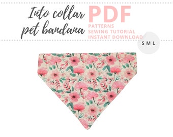 Into collar bandana PDF Tutorial and Patterns / Dog bandana sewing pattern and tutorials / Puppy slip onto bandana / Over the collar scarf