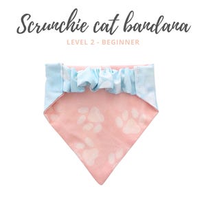 May include: A pink cat bandana with white paw prints, a light blue and white patterned border, and a ruffled center. The text "Scrunchie cat bandana" and "LEVEL 2 - BEGINNER" are displayed in the image.