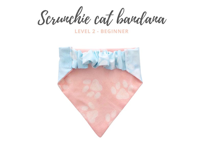 May include: A pink cat bandana with white paw prints, a light blue and white patterned border, and a ruffled center. The text "Scrunchie cat bandana" and "LEVEL 2 - BEGINNER" are displayed in the image.