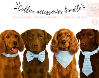 Dog Sewing Pattern Bundle + Video Tutorial: dog bandana pattern, bow tie pattern, dog collar pattern and necktie template | dog mom DIY