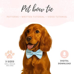 Könnte beinhalten: Ein goldener Cocker Spaniel mit einer hellblauen Schleife mit weißen Punkten. Das Bild enthält den Text "Pet bow tie" und Details zu Mustern, Tutorials und Größen. Ein Pfotenabdruck und ein Download-Symbol sind ebenfalls vorhanden.