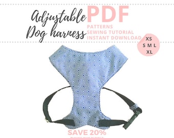 Patrones de costura de arnés para perros XS a XL / Arnés ajustable para mascotas DIY Tutorial y 5 Patrones / Patrón de arnés de chaleco e instrucciones de costura