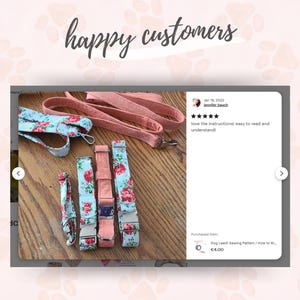 May include: A collection of dog leashes and collars in various sizes and styles. Some are light blue with a floral pattern, while others are solid peach. The image also includes a matching leash and a customer review.