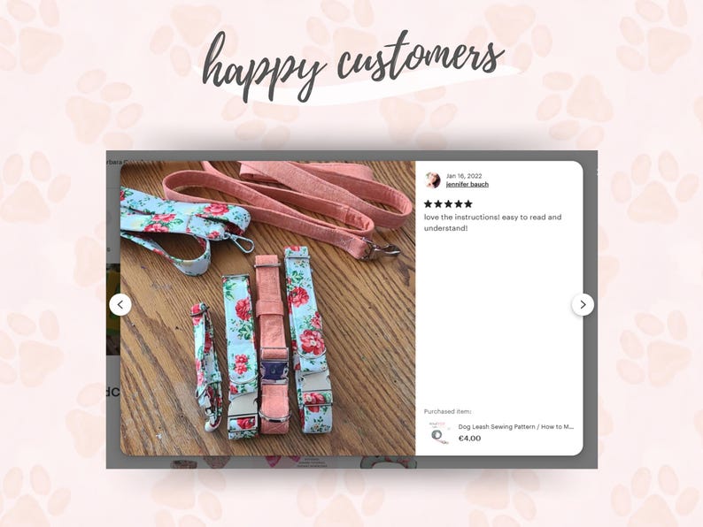 May include: A collection of dog leashes and collars in various sizes and styles. Some are light blue with a floral pattern, while others are solid peach. The image also includes a matching leash and a customer review.