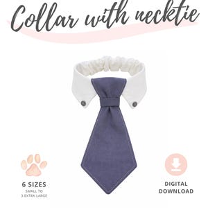 May include: A white pet collar with a blue necktie, featuring a white collar and a blue tie. The image includes text that reads "Collar with necktie", "6 Sizes", and "Digital Download".