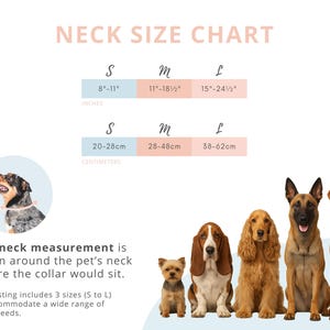 May include: A neck size chart with measurements in inches and centimeters. The chart includes sizes S (8"-11" or 20-28cm), M (11"-18.5" or 28-48cm), and L (15"-24.5" or 38-62cm). The image also features illustrations of various dog breeds.