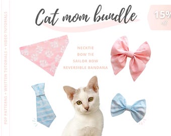 Cat Sewing Patterns Bundle: Cat Necktie, Bandana, Bow and Sailor Bow | DIY Accessories for cats and kittens with video tutorial