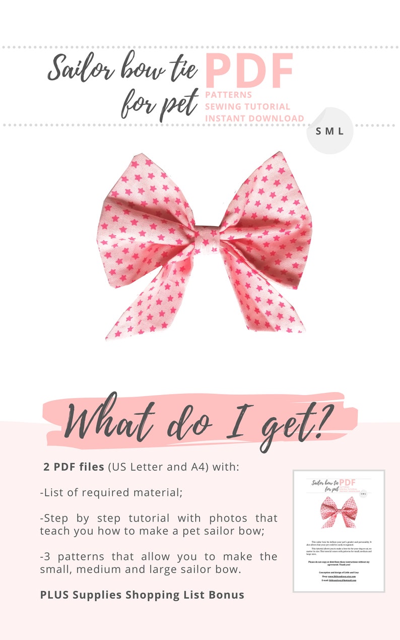 Sailor Bow for pet collar Tutorial and Patterns / Small, Medium, Large / Cat and Dog collar Accessories / Instant Download Sewing Pattern image 2