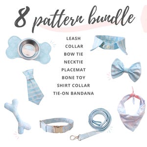 8 PDF-sömnadshandledningar och mönster för husdjur: bandana, rosett, slips, koppel, halsband, benleksak, bordsunderlägg och skjortkrage