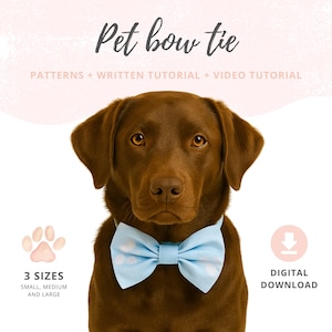 May include: A brown Labrador Retriever wearing a light blue bow tie with white polka dots. The image includes the text "Pet bow tie" and details about patterns, tutorials, and digital download options. Paw print and size indicators are also present.