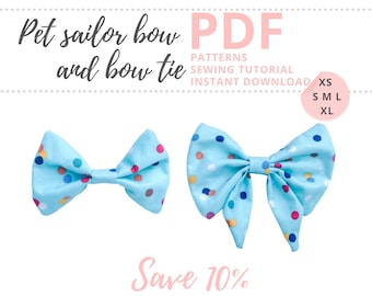 Dog sailor bow and bow tie PDF patterns and tutorials / 2 Bow accessories for pets / 5 sizes sewing patterns XS to XL Instant Download