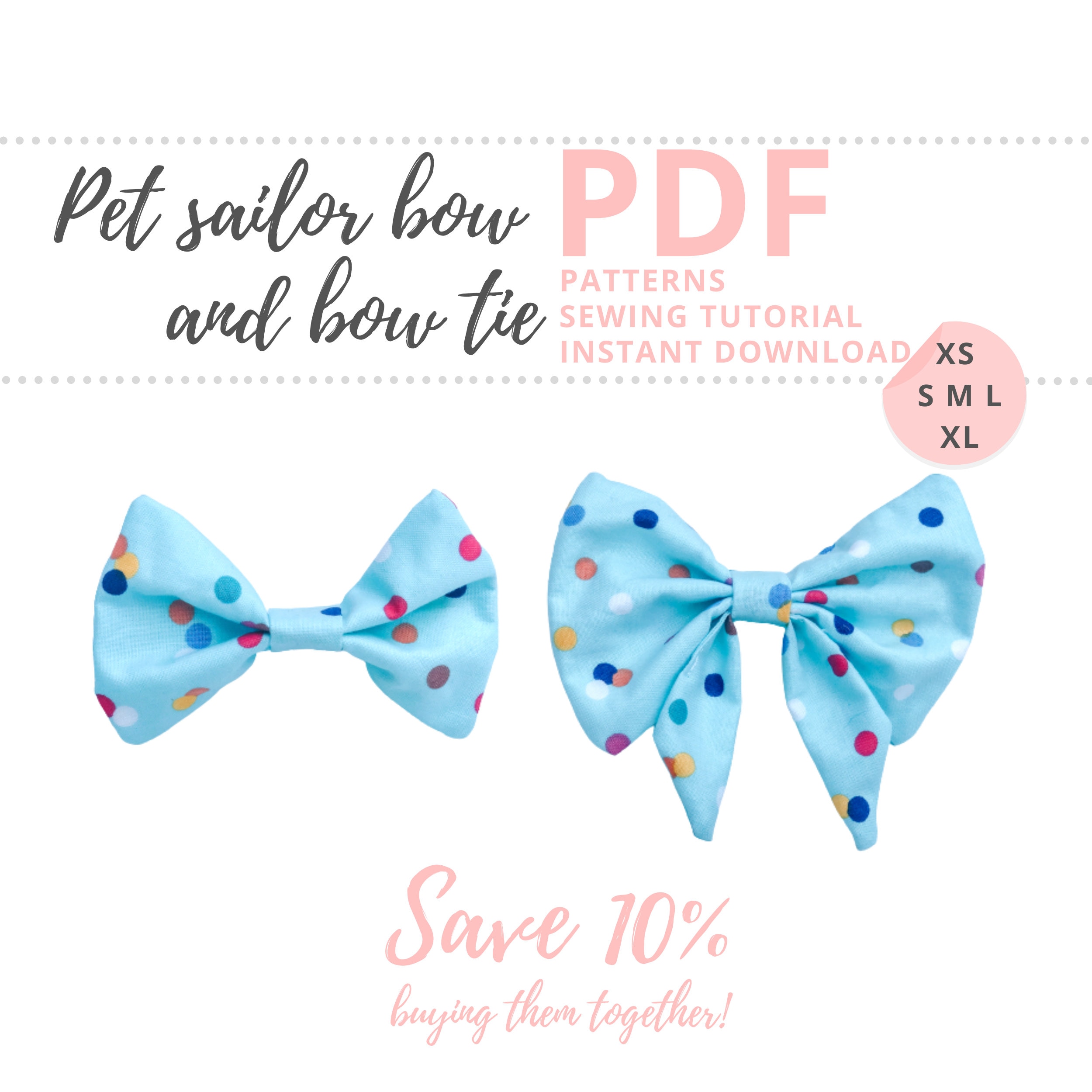 Dog Sailor Bow and Bow Tie PDF Patterns and Tutorials / 2 Bow Accessories  for Pets / 5 Sizes Sewing Patterns XS to XL Instant Download 