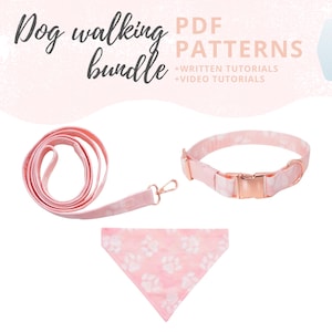 PDF Sewing Tutorials and Patterns of dog accessories: pet collar, leash and slip on bandana | Walking Bundle Digital Download