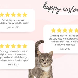 May include: A gray tabby cat with green eyes is featured in an image with customer reviews. The reviews are in white speech bubbles with yellow star ratings. The words "happy customers" are written in cursive.