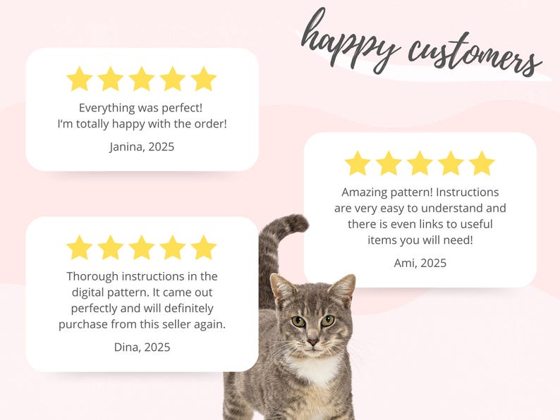 May include: A gray tabby cat with green eyes is featured in an image with customer reviews. The reviews are in white speech bubbles with yellow star ratings. The words "happy customers" are written in cursive.