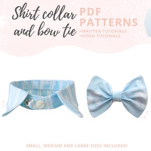Op de afbeelding: Een lichtblauwe overhemdkraag en vlinderdas set. De kraag heeft een knoopsluiting en een gestreept patroon. De vlinderdas is lichtblauw met een subtiel patroon. Tekst op de afbeelding luidt "Shirt collar and bow tie PDF Patterns".
