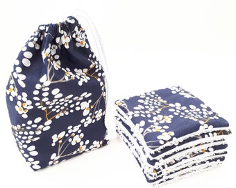 Pochon - petit sac +  Cotons - Lingettes démaquillantes lavables en coton "Yoichi" bleu nuit et éponge bambou certifiés OEKO-TEX