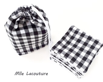 Pochon ou petit sac +  Cotons - Lingettes démaquillantes cotons lavables en coton vichy noir et blanc et éponge bambou certifiés OEKO-TEX