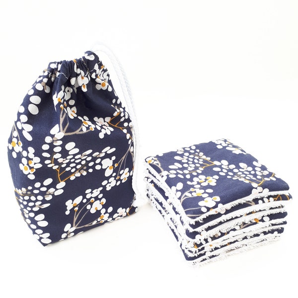 Pochon - petit sac +  Cotons - Lingettes démaquillantes lavables en coton "Yoichi" bleu nuit et éponge bambou certifiés OEKO-TEX