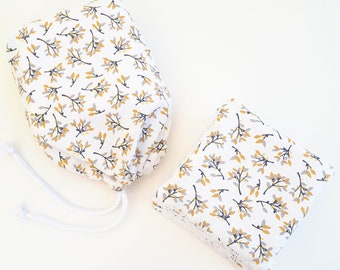 Pochon-petit sac + Cotons-Lingettes démaquillantes lavables en coton motifs branchages "hosta" jaunes bambou certifiés OEKO-TEX