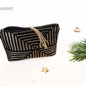 Pochette Clutch En Velours Noir Brodée De Perles Et Fil Doré - Fait Main - Taille Large