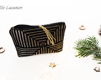 Petite pochette ou trousse en velours noir et or doublée d'un joli tissu viscose