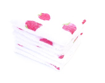 Cotons - Carrés lingettes démaquillantes lavables en coton mousseline double gaze motifs fraises et éponge bambou certifiés OEKO-TEX