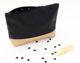 Trousse maquillage simili cuir autruche noir et or