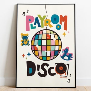 Impresión de discoteca para sala de juegos, arte de pared para habitación de niños, póster de bola de purpurina de arcoíris: impresión giclée con envío (papel), impresión enmarcada, lienzo o archivo digital