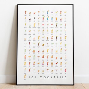 101 cócteles, lista de los cócteles más populares: impresión Giclée (papel), impresión enmarcada, lienzo o archivo digital con envío