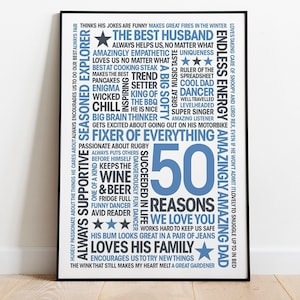 50 Reasons We Love You, Personalized Dad&#39;s 50th, Birthday Gift - Giclée Print, Frame, or Canvas