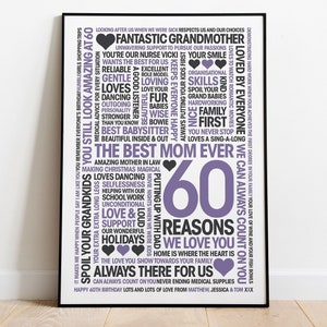 60 raisons pour lesquelles nous vous aimons, cadeau personnalisé pour 60e anniversaire - impression giclée, cadre ou toile