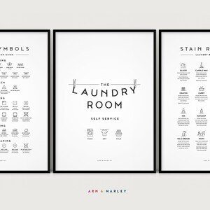 Laundry Room Set of 3 Prints, Laundry Care, Stain Removal, Wash Symbol Guide - INSTANT DOWNLOAD