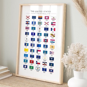 Amerikaanse staatsvlaggen muurkunst, alfabetische volgorde en hoofdsteden, vlaggen van Amerika - gicleeprint, ingelijste print, canvas of digitaal bestand
