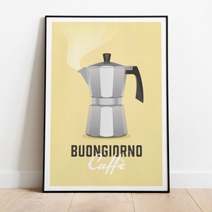 Moka Pot Wall Art, Buongiorno Caffè, 'Good Morning Coffee', Yellow, Brown, Pink, Teal - Giclée Print, Framed Print, or Stretched Canvas