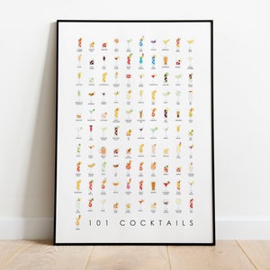 101 Cocktails, Most Popular Mixology List - Giclée Print, Framed Print, or Stretched Canvas