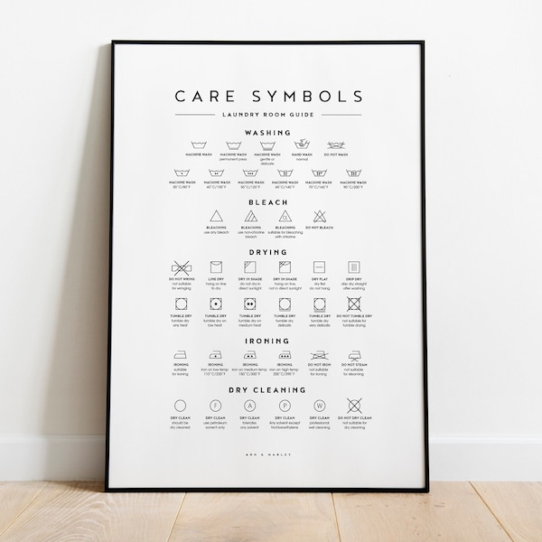 Laundry Symbols, Laundry Room Guide, Care Symbols Sign - Giclée Print or Framed Print