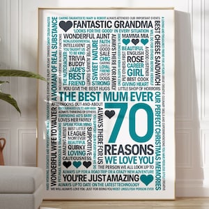 70 raisons pour lesquelles nous vous aimons, 70e anniversaire, cadeau d'anniversaire - impression giclée, cadre ou toile