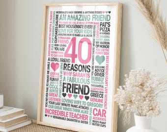 40 Reasons, Personalized Friend Gift: Print, Frame, Canvas or Digital File