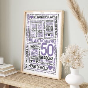 50 Reasons We Love You, Personalized Mum/Gran Birthday: Print, Frame, Canvas or File