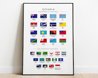 Oceania Countries Flags & Capitals - Giclée Print, Framed Print, or Stretched Canvas