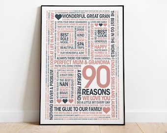 90 Reasons We Love You, 90th Birthday Word Art Gift - Giclée Print, Frame, or Canvas