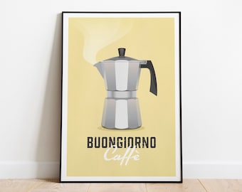 Moka Pot Wall Art, Buongiorno Caffè, 'Good Morning Coffee', Yellow, Brown, Pink, Teal - Giclée Print, Framed Print, or Stretched Canvas