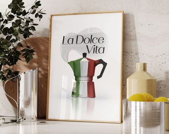 Italian Moka Pot Wall Art, La Dolce Vita Coffee - Giclée Print, Framed Print, or Stretched Canvas