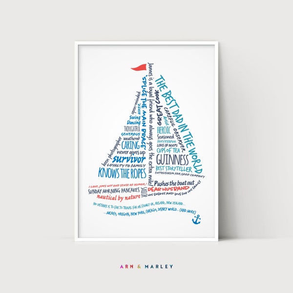Personalisierte Segelboot Wort Kunst, Geschenk für Segler und Bootsliebhaber Geburtstage oder Ruhestand - Individuell digital (drucken Sie es selbst aus)