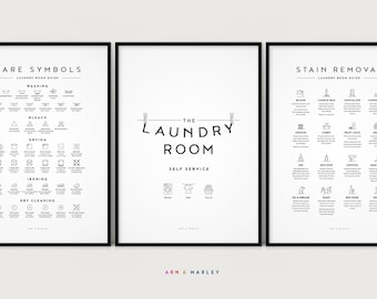 Laundry Room Set of 3 Prints, Laundry Care, Stain Removal, Wash Symbol Guide - INSTANT DOWNLOAD