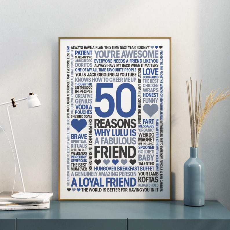 50 Reasons, Personalized Friend Gift: Giclée Print, Frame, Canvas or Digital File