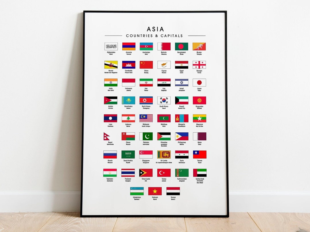 Asian Countries Capitals Flags Of Asia Giclée Print Framed Print Or Asian Countries Capitals Flags Of Asia Giclée Print Framed Print Or
