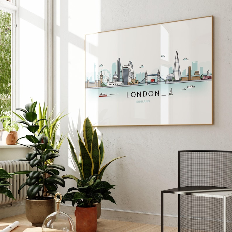 London City Skyline Wall Art, London Line Art Cityscape - Shipped Giclée Print or Framed Print