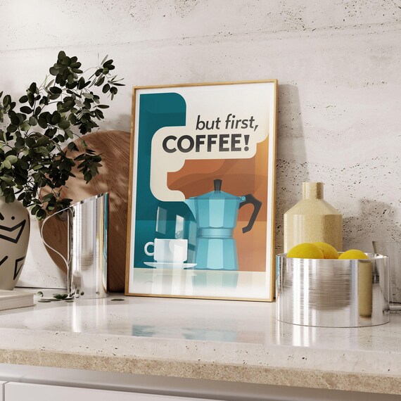 Retro Moka Pot, 'But First Coffee: Print, Frame, Canvas or Digital File